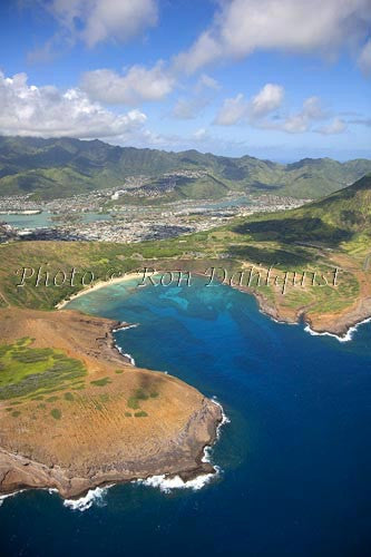 Hawaii, Oahu, Aerial of Hanauma Bay, Hawaii Kai in distance. - Hawaiipictures.com