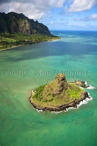 Hawaii, Windward Oahu, Kaneohe Bay, Aerial of Mokolii Island (Chinamans Hat) and Koolau Mountains, - Hawaiipictures.com