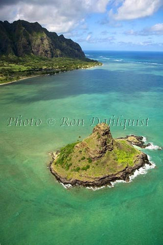 Hawaii, Windward Oahu, Kaneohe Bay, Aerial of Mokolii Island (Chinamans Hat) and Koolau Mountains, - Hawaiipictures.com