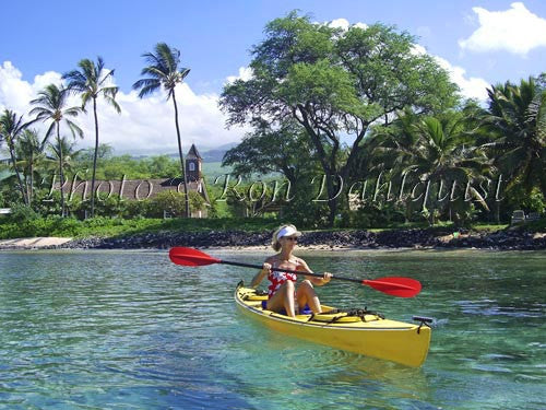 Woman kayaking on the southern coast of Maui, Keawalai Church in background, Maknea, Maui, Hawaii Picture - Hawaiipictures.com Woman kayaking on the southern coast of Maui, Keawalai Church in background, Maknea, Maui, Hawaii Picture - Hawaiipictures.com