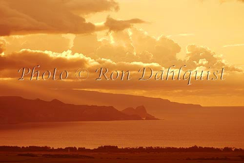 Sunset on Maui with Molokai in distance. Viewed from upcountry Maui - Hawaiipictures.com Sunset on Maui with Molokai in distance. Viewed from upcountry Maui - Hawaiipictures.com