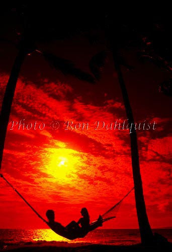 Honeymoon couple relaxing in hammock at sunset, Wailea, Maui, Hawaii - Hawaiipictures.com