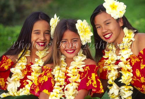 Keiki hula dancers with plumeria lei, Maui, Hawaii - Hawaiipictures.com