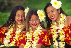 Keiki hula dancers with plumeria lei, Maui, Hawaii