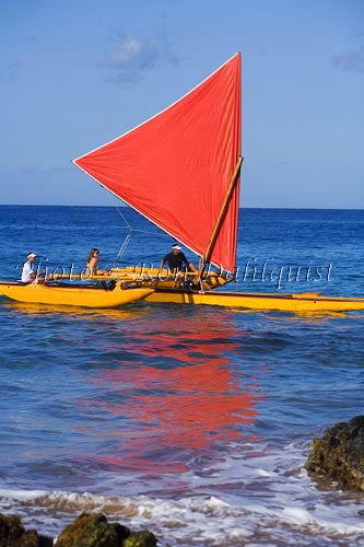 Traditional Hawaiian Sailing Canoe off Wailea Coastline, Maui, Hawaii MR Photo Stock Photo - Hawaiipictures.com
