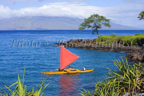 Traditional Hawaiian Sailing Canoe off Wailea Coastline, Maui, Hawaii MR Picture Photo Stock Photo Print - Hawaiipictures.com