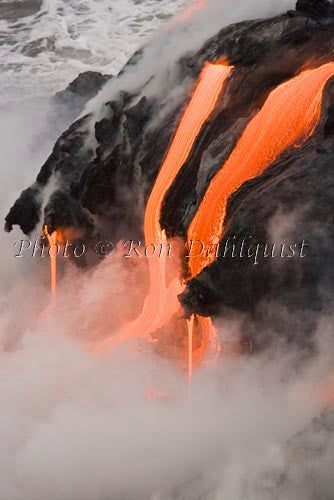 Molten pahoehoe lava from Kilauea enters the Pacific Ocean near Kalapana, Big Island of Hawaii. Picture - Hawaiipictures.com