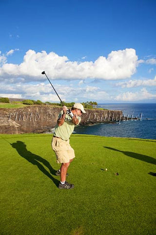 Woman golfing on The Challenge at Manele Golf Course, Lanai MR Stock Photo - Hawaiipictures.com