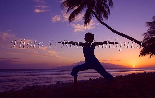 Silhouette of yoga postures at sunset with palm trees, Maui, Hawaii Photo - Hawaiipictures.com