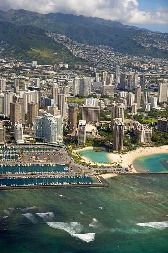 Hawaii, Oahu, Aerial of Waikiki Hotels and Ala Wai Yacht Harbor - Hawaiipictures.com