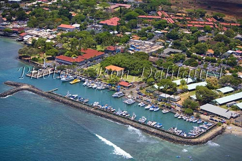 Aerial of Lahaina Harbor and the Pioneer Inn, Lahaina, Maui, Hawaii Picture - Hawaiipictures.com