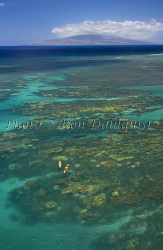 Kayakers in the beautiful water surrounding Olowalu, Lanai in the distance, Maui, Hawaii - Hawaiipictures.com