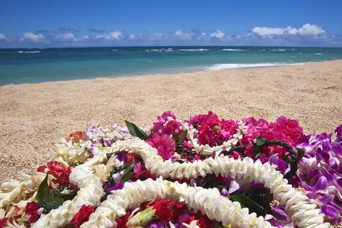 Colorful lei on beach, Maui, Hawaii - Hawaiipictures.com