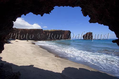 Puu Pehe Rock viewed through sea cave, Lanai, Hawaii - Hawaiipictures.com