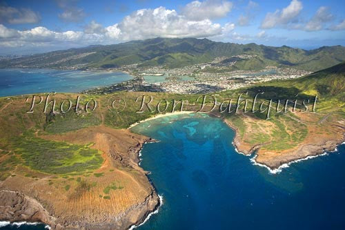 Hawaii, Oahu, Aerial of Hanauma Bay, Hawaii Kai in distance. Picture - Hawaiipictures.com