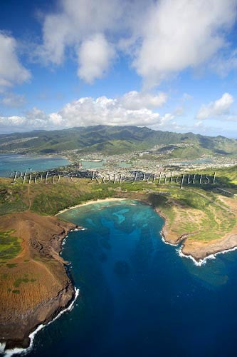 Hawaii, Oahu, Aerial of Hanauma Bay, Hawaii Kai in distance. Photo - Hawaiipictures.com