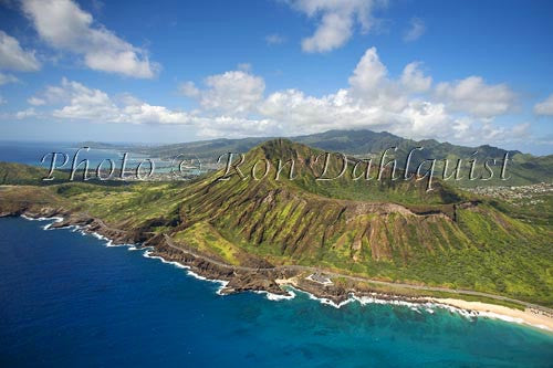 Hawaii. Oahu, Aerial of Diamond Head crater and beach, rugged cliffs, ocean Picture - Hawaiipictures.com