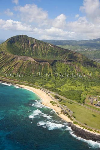 Hawaii. Oahu, Aerial of Diamond Head crater and Sandy Beach, rugged cliffs, ocean - Hawaiipictures.com