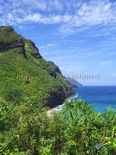 View of Na Pali coast and Hanakapiai beach area as viewed from Kalalau Trail. Kauai, Hawaii Picture - Hawaiipictures.com