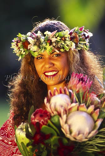 Hula dancer with protea flowers, Maui, Hawaii - Hawaiipictures.com