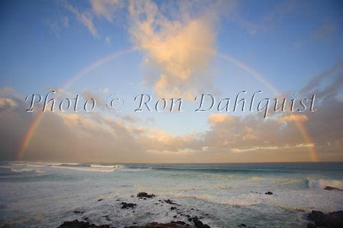 Rainbow at sunrise, waves breaking, Hookipa, Maui Photo - Hawaiipictures.com