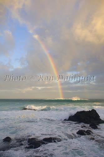 Rainbow at sunrise, waves breaking, Hookipa, Maui Picture Photo - Hawaiipictures.com
