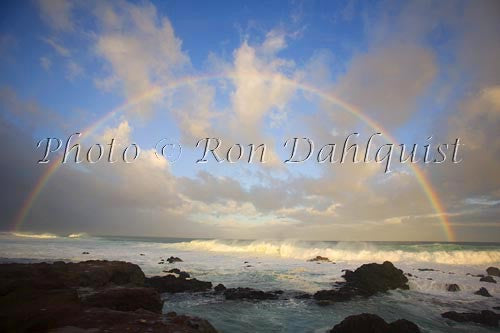 Rainbow at sunrise, waves breaking, Hookipa, Maui - Hawaiipictures.com