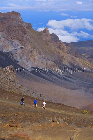 Hikers on the Sliding Sands trail in Haleakala Crater, Maui, Hawaii - Hawaiipictures.com