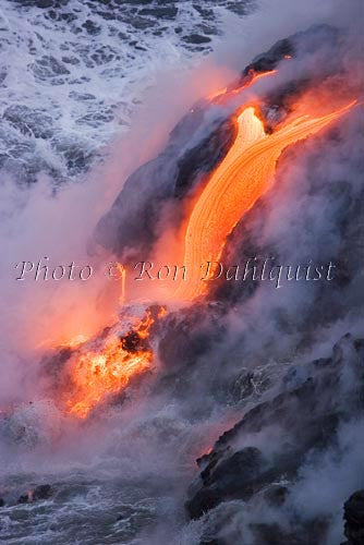 Molten Pahoehoe lava from Kilauea enters the Pacific Ocean near Kalapana, Big Island of Hawaii. - Hawaiipictures.com