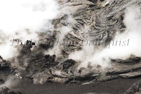 Steam rising through newly formed Pahoehoe lava, Big Island of Hawaii - Hawaiipictures.com