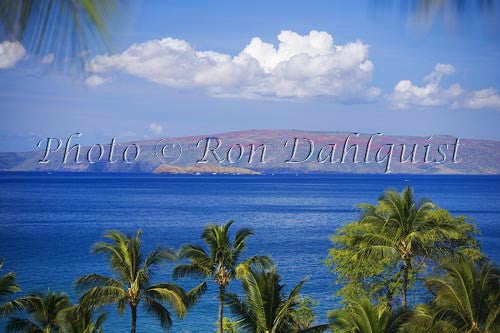 View over palm trees of Molokini and Kahoolawe as seen from the Wailea area, Maui Picture - Hawaiipictures.com