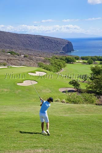 Woman golfing on The Challenge at Manele Golf Course, Lanai MR Photo Stock Photo - Hawaiipictures.com