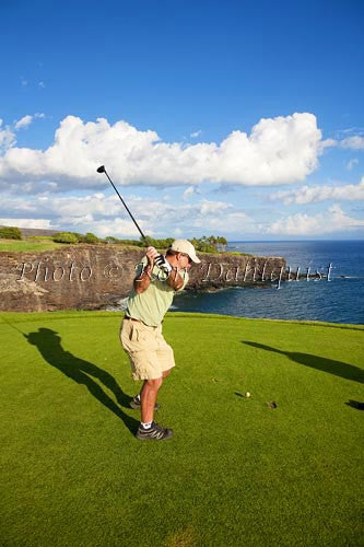 Woman golfing on The Challenge at Manele Golf Course, Lanai MR Stock Photo - Hawaiipictures.com