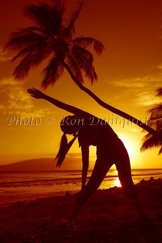 Silhouette of yoga postures at sunset with palm trees, Maui, Hawaii Picture - Hawaiipictures.com