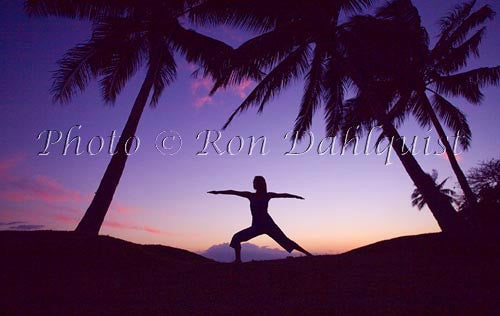 Silhouette of yoga postures at sunset with palm trees, Maui, Hawaii Picture Stock Photo - Hawaiipictures.com