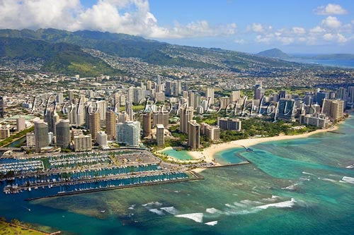 Hawaii, Oahu, Aerial of Waikiki Hotels and Ala Wai Yacht Harbor Picture - Hawaiipictures.com
