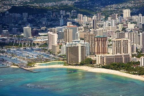 Hawaii, Oahu, Aerial of Waikiki Hotels and Ala Wai Yacht Harbor Picture Photo - Hawaiipictures.com