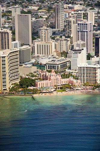 Hawaii, Oahu, Waikiki, Aerial of Royal Hawaiian Hotel. - Hawaiipictures.com