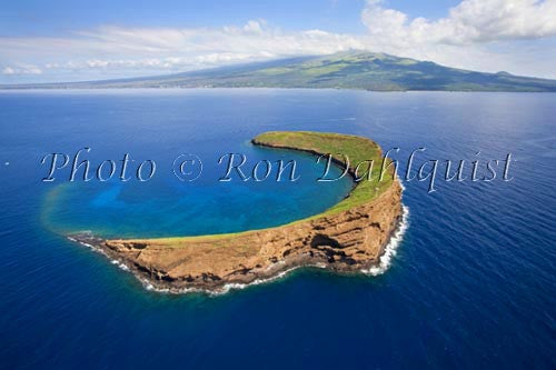 Aerial view of Molokini with Maui in background, Hawaii - Hawaiipictures.com