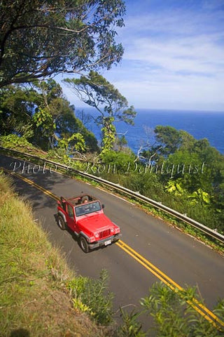 Red jeep driving the road to Hana near Hanamanu, Maui, Hawaii - Hawaiipictures.com