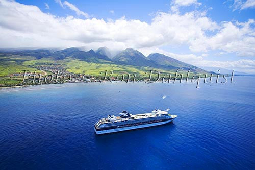 Aerial view of cruise ship, Lahaina, and the West Maui Mountains, Maui, Hawaii - Hawaiipictures.com